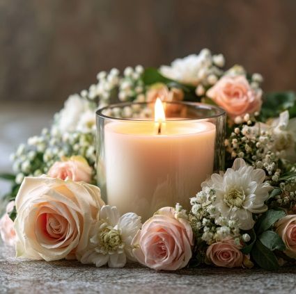 Memorial candle and flowers representing funeral homes in Grafton, WI.