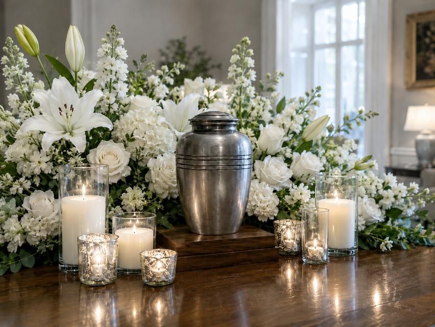 Funeral home and cremations Grafton, WI with urn and flowers