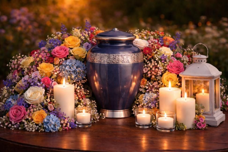 Cremation urn surrounded by colorful flowers and lit candles, representing services from a funeral home and cremations Port Washington, WI.