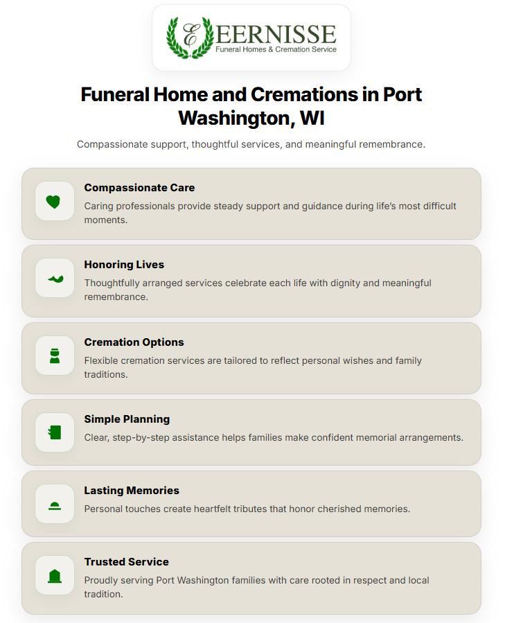 Infographic highlighting compassionate care, cremation options, and memorial services from a funeral home and cremations Port Washington, WI.