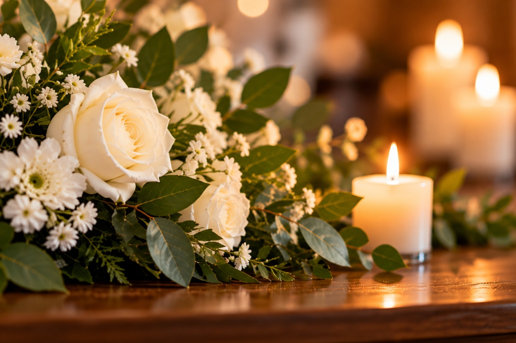 White flowers and candles representing lifelong friendship and remembrance in Cedarburg, WI.