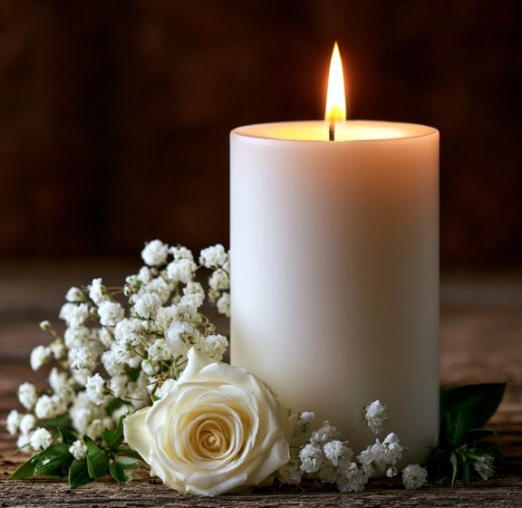 Lit candle with white flowers on wooden table symbolizing remembrance in Cedarburg, WI
