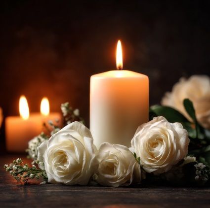 Memorial candles and white roses create peaceful remembrance setting for families in Cedarburg, WI.