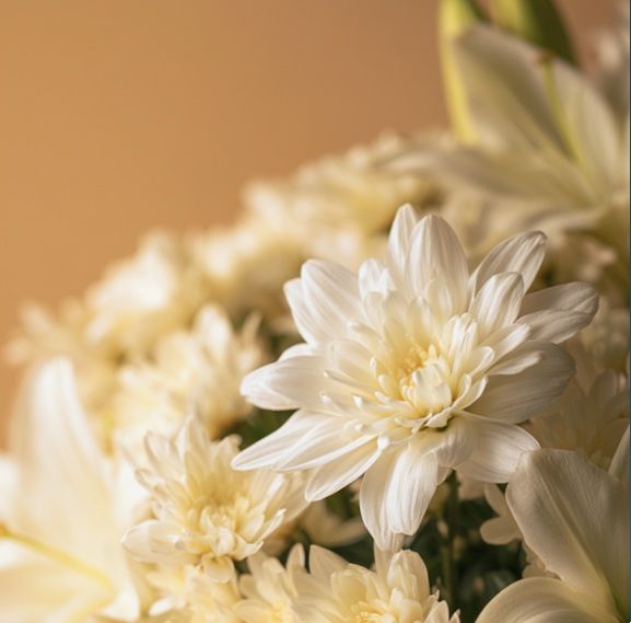 White chrysanthemum and lily funeral flower arrangement for peaceful memorial services.