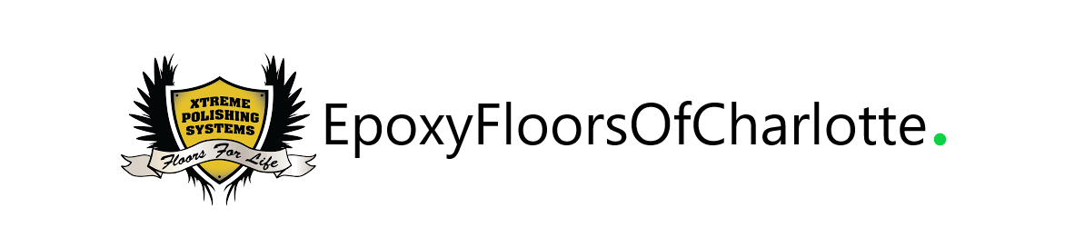 Epoxy Floors of Charlotte logo with black text and gold shield emblem on white background