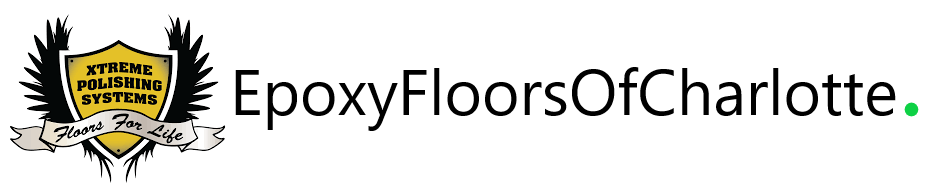 EpoxyFloorsOfCharlotte logo with a gold-and-black emblem and green text on a white background