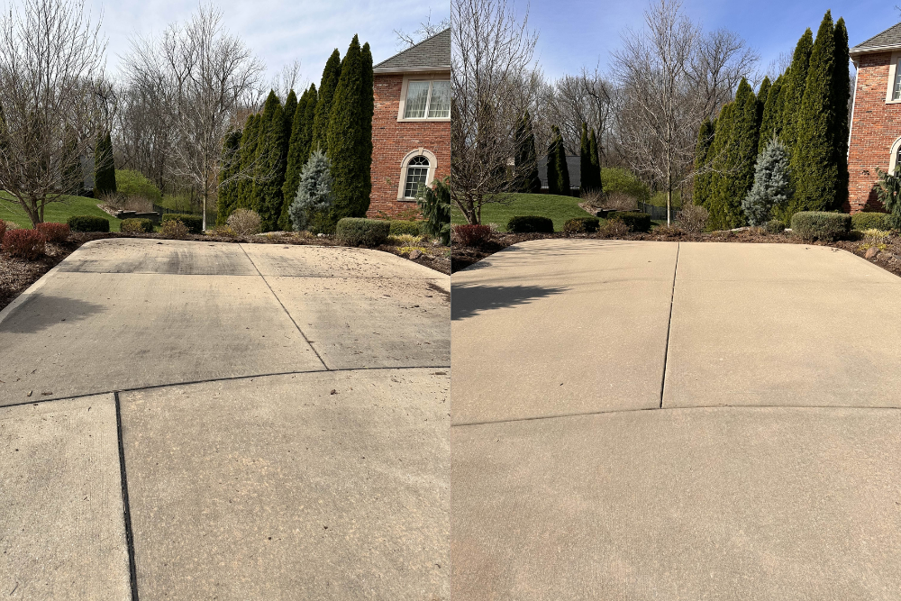 A before and after photo of a concrete driveway.