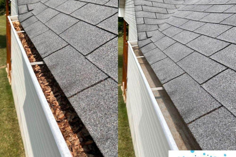 A before and after picture of a gutter on a roof.