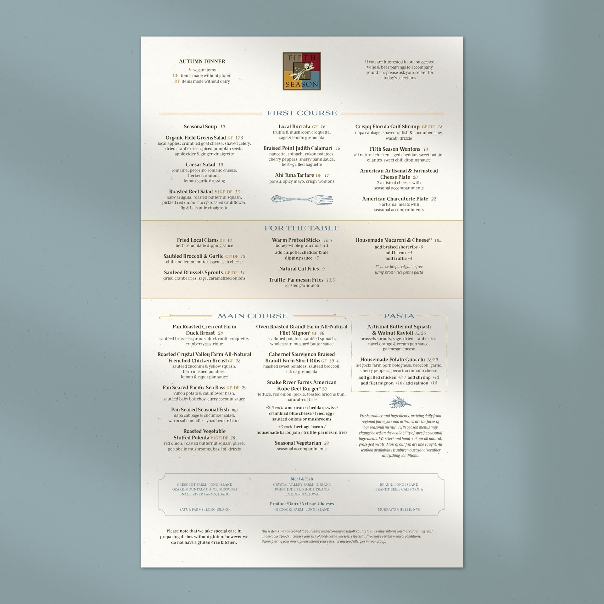 Fifth Season Autumn Dinner Menu