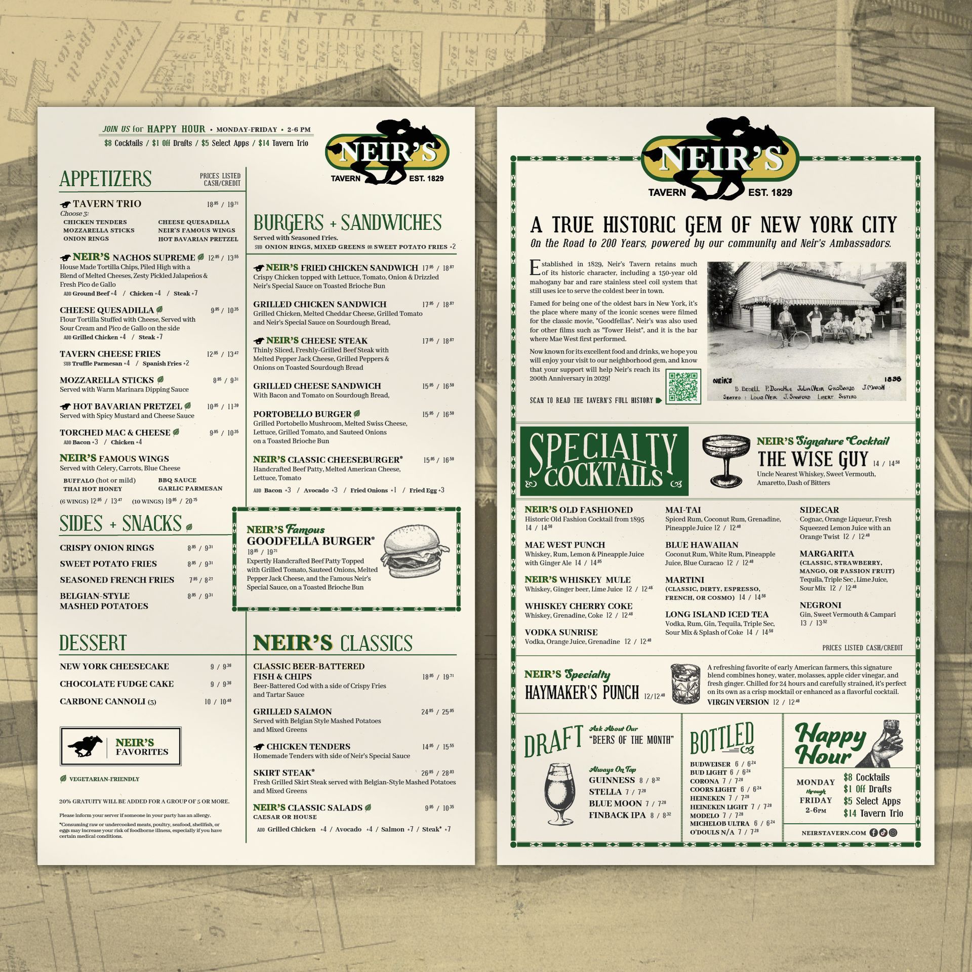 Neir's Tavern Historic Menu