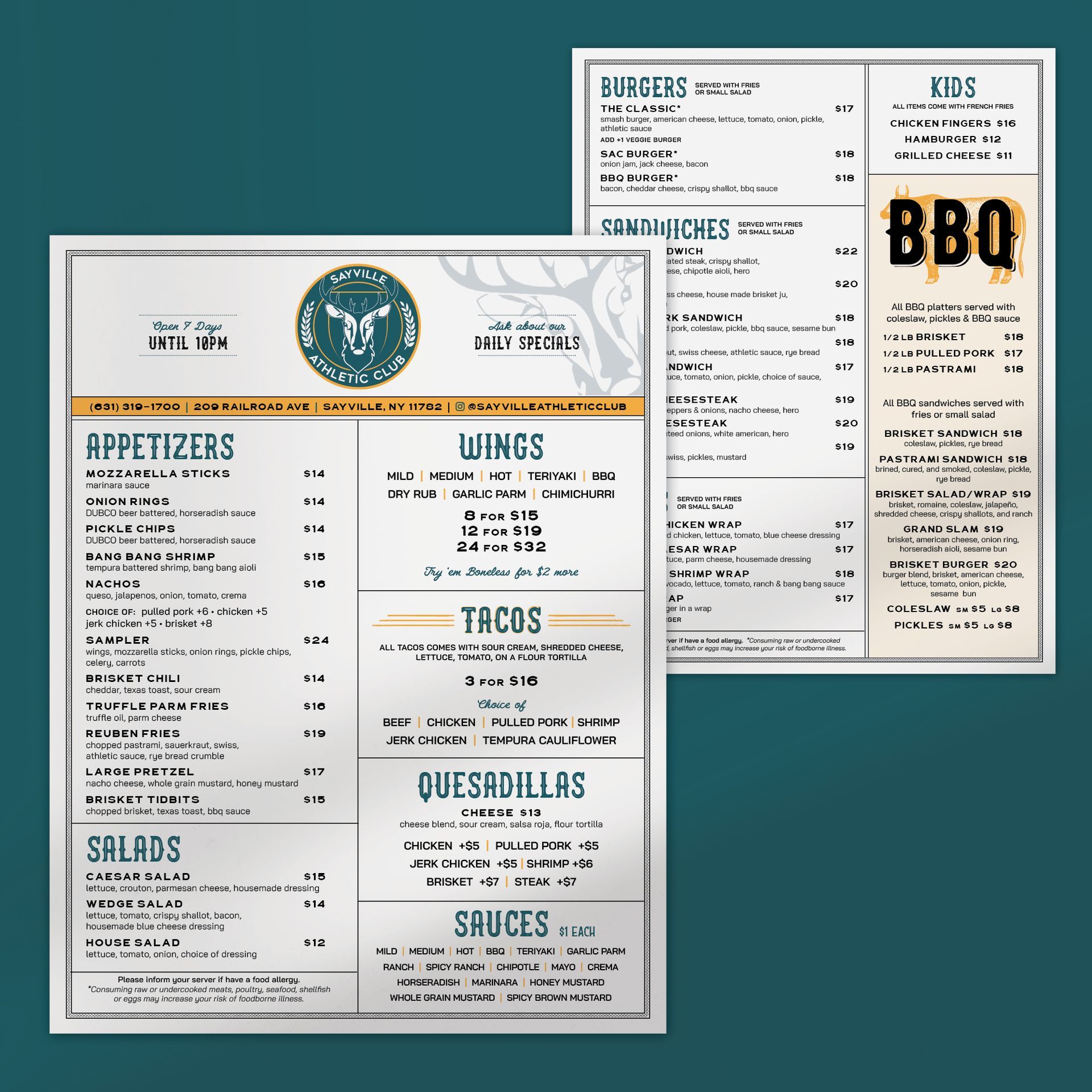 Sayville Athletic Club Menu