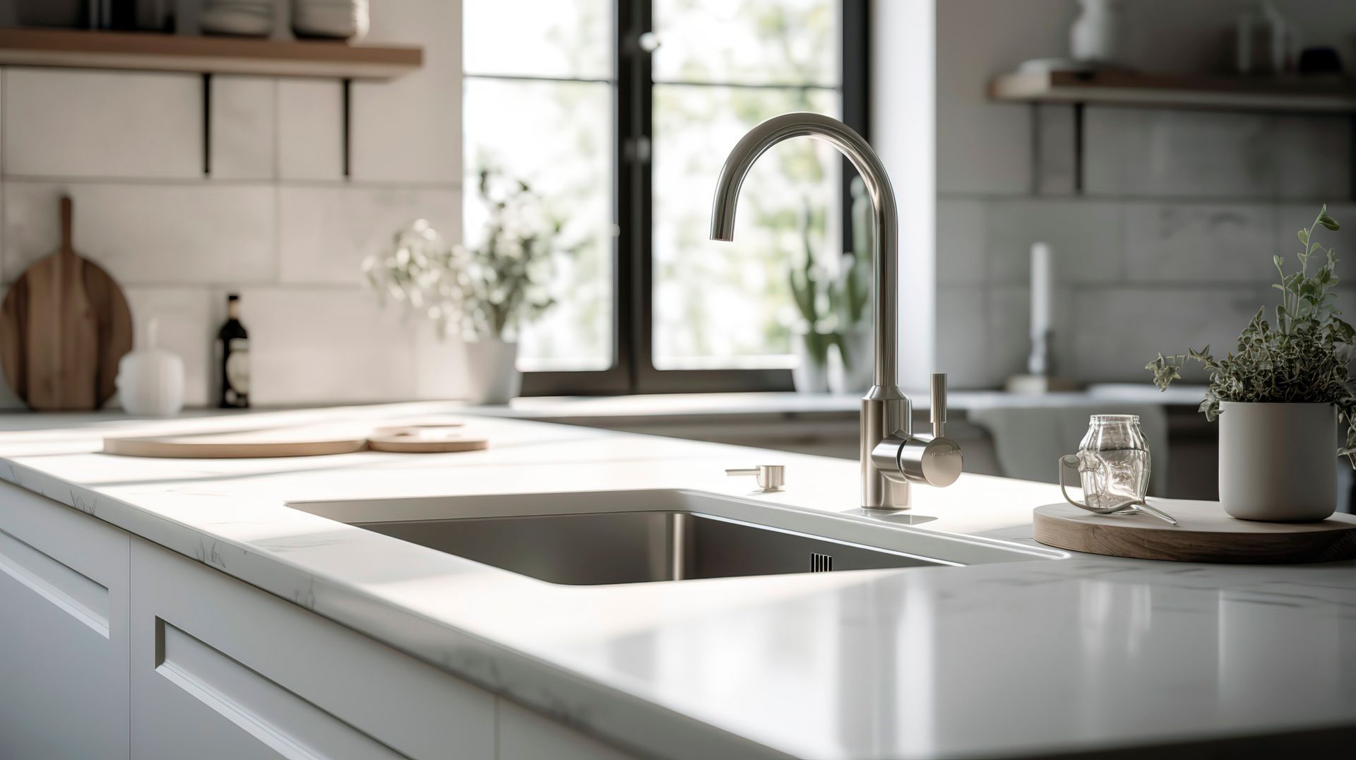 Modern kitchen with a stainless steel faucet over a sink, bright countertop, and window.