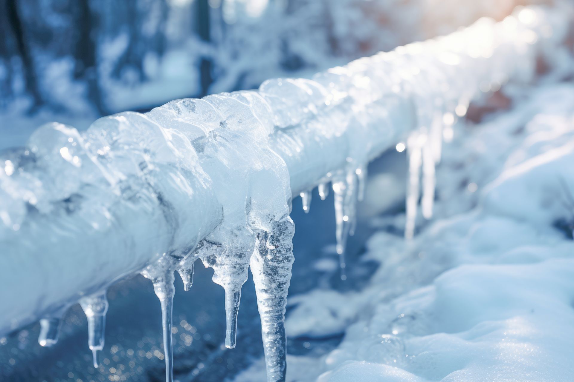 Frozen pipe covered in ice, with icicles hanging down. Sunlight glints on the ice.