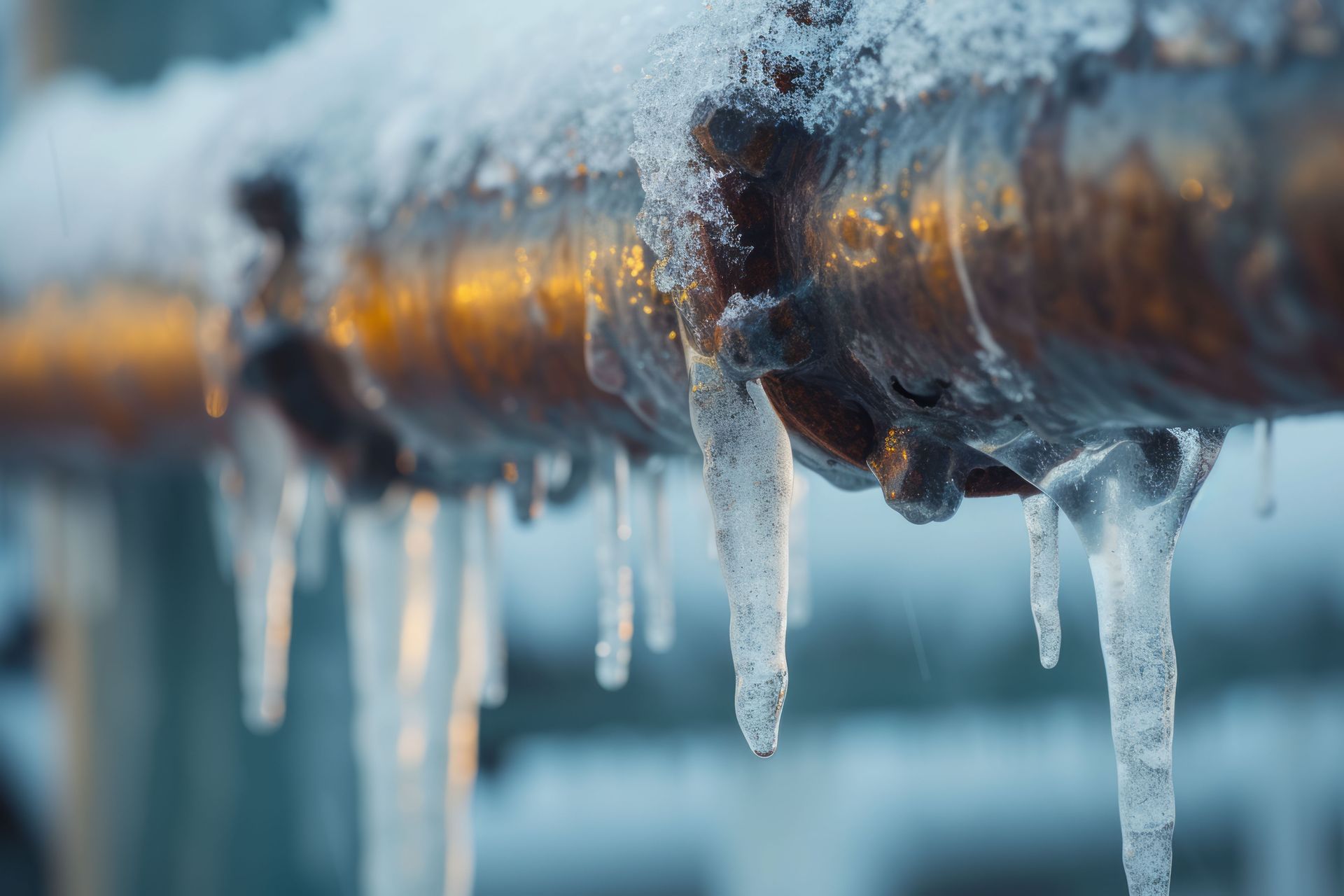 Icy pipes with icicles, likely outside during winter.