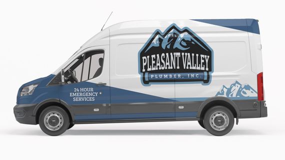 A blue and white van with the word pleasant valley on it.