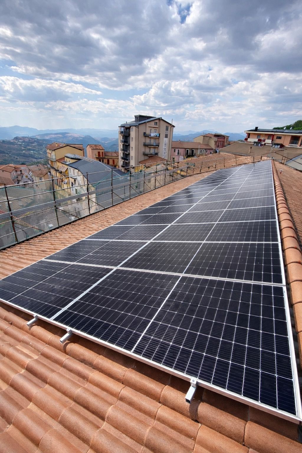 Pannelli solari installati su un tetto di terracotta con uno skyline nuvoloso sullo sfondo.