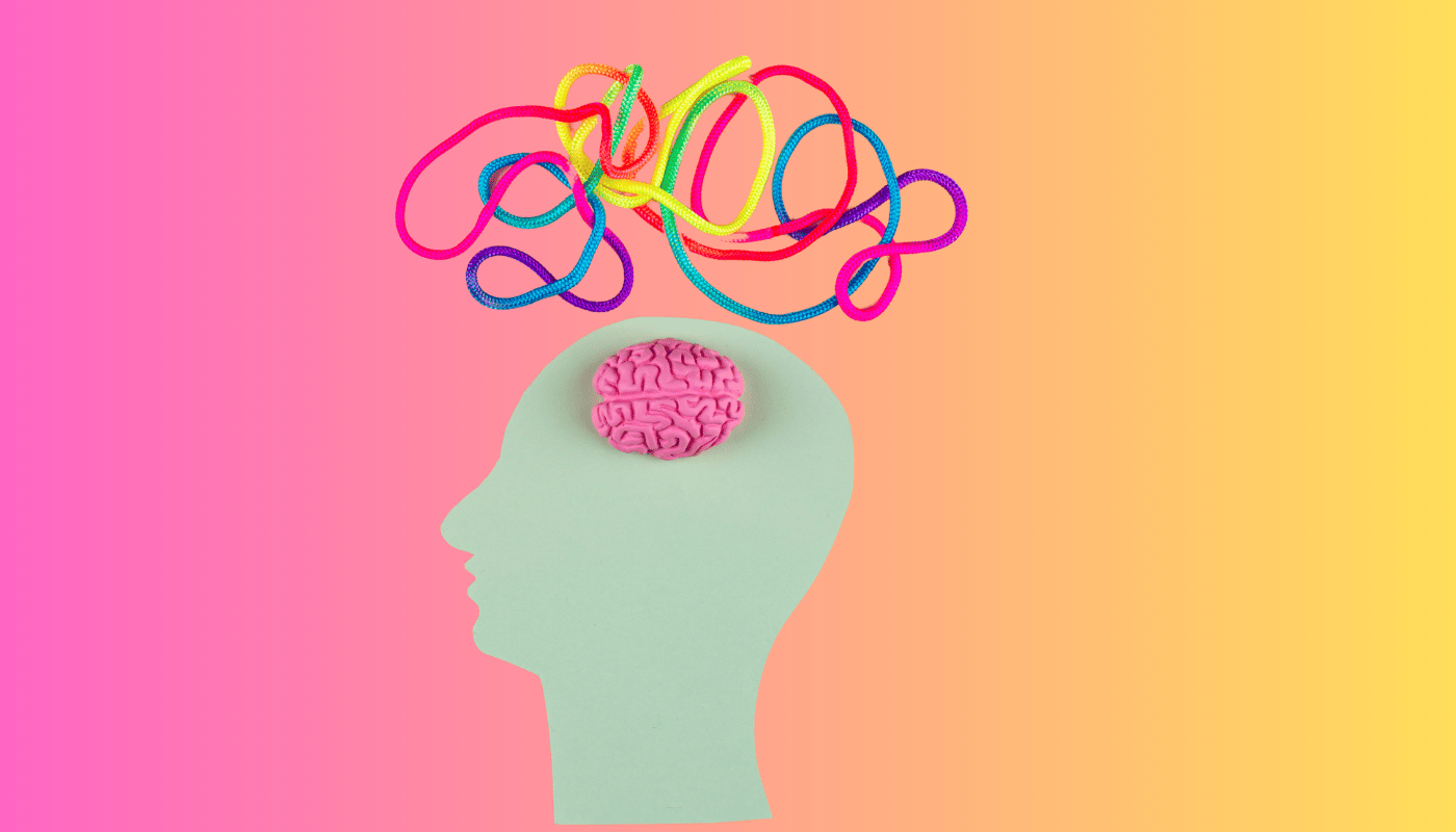 A silhouette of a person 's head with a brain made of yarn.