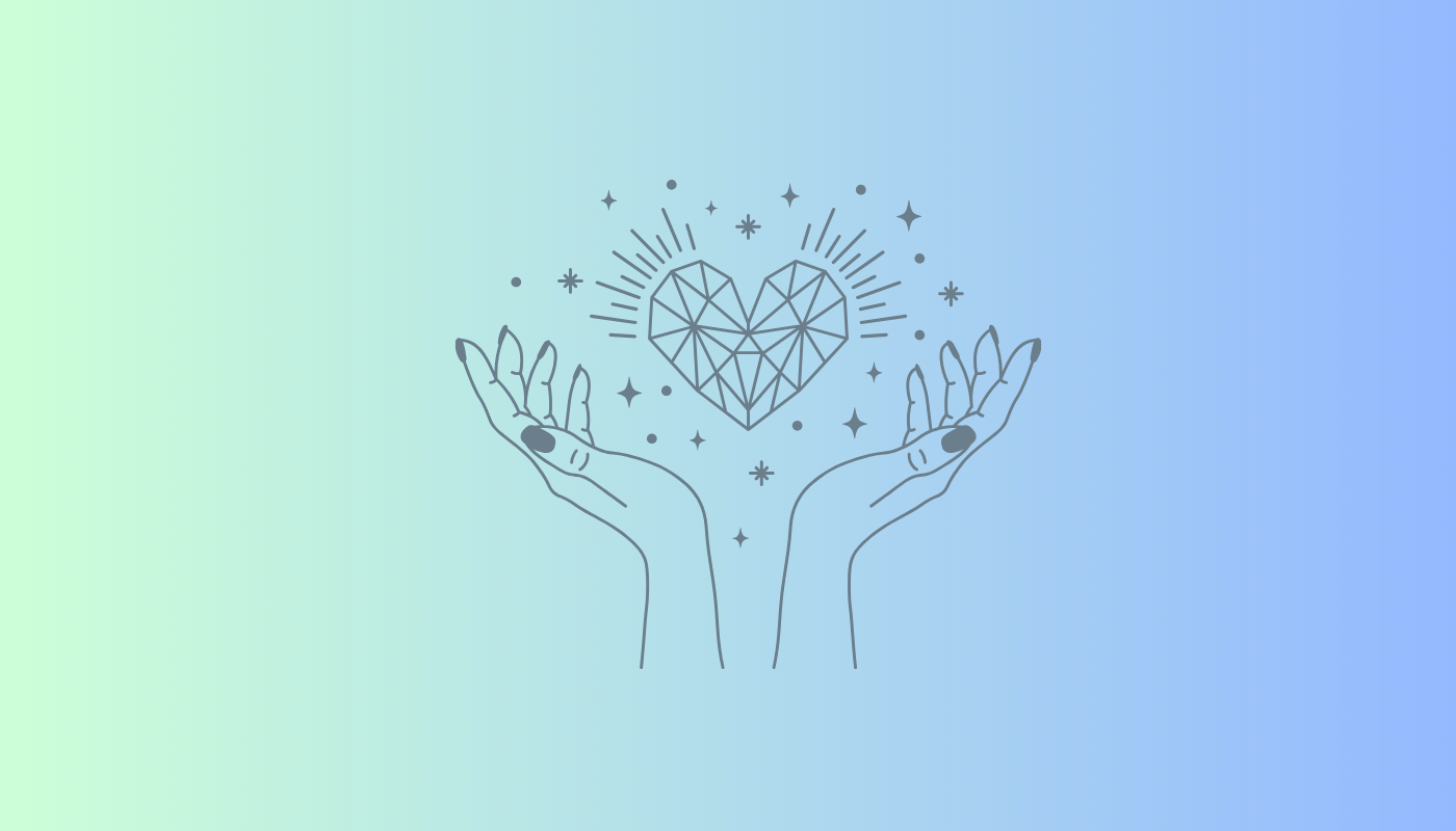 A drawing of two hands holding a heart on a blue background.