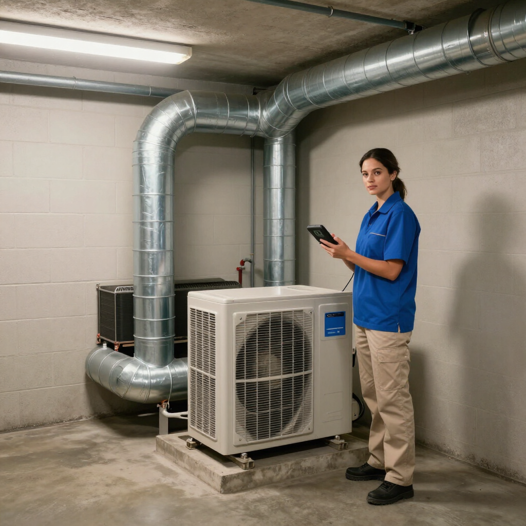 Technician in blue shirt inspecting HVAC unit and ductwork in a utility room