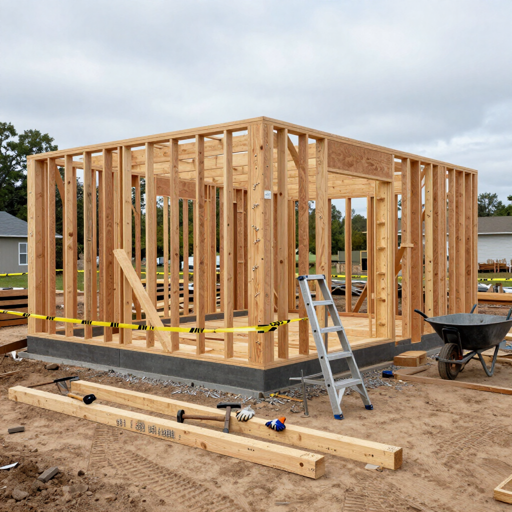Wooden house frame under construction on a dirt lot, with ladder, lumber, and wheelbarrow.