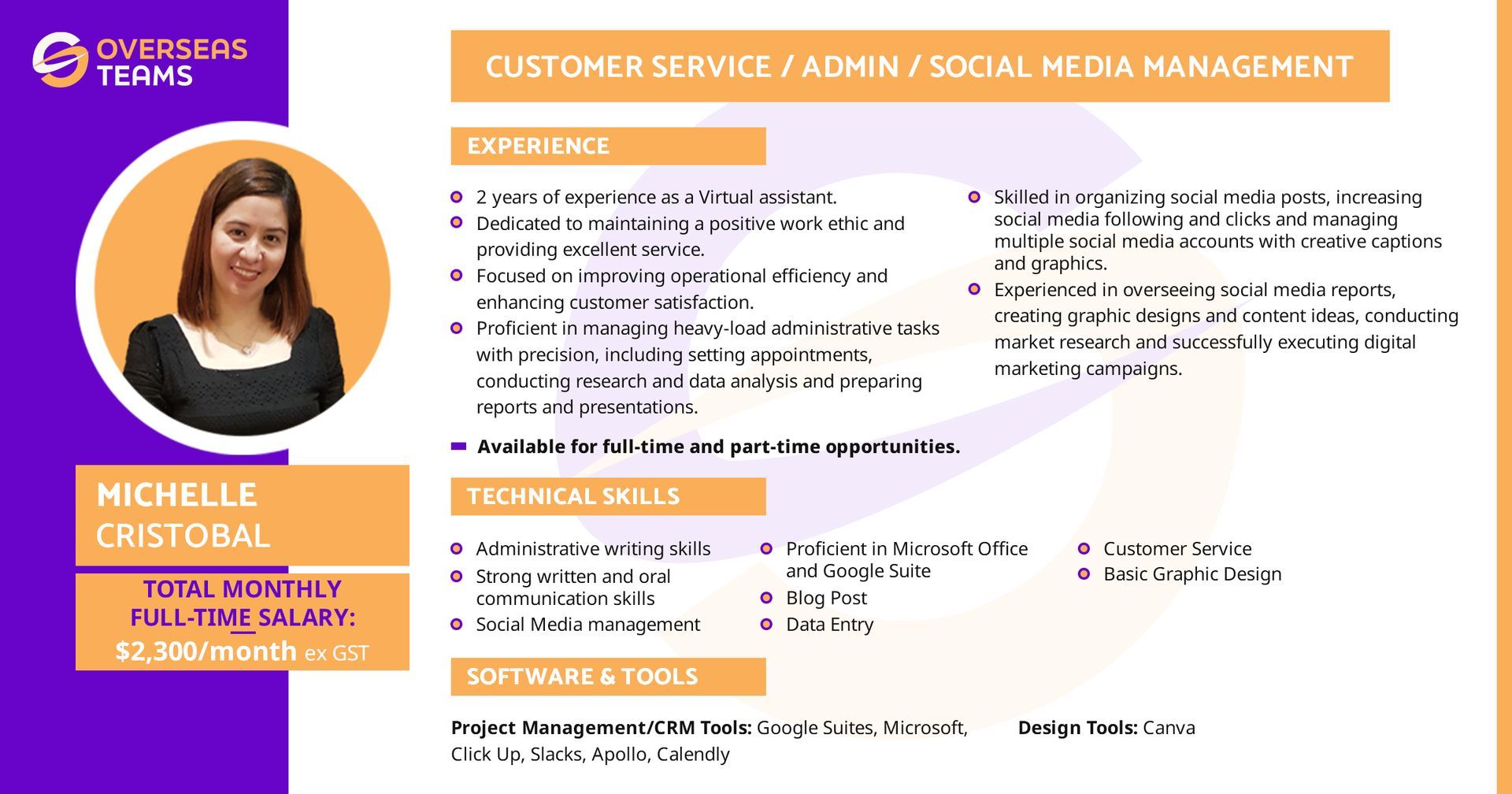 Overseasteams virtual assistant for customer service, admin, and social media management role