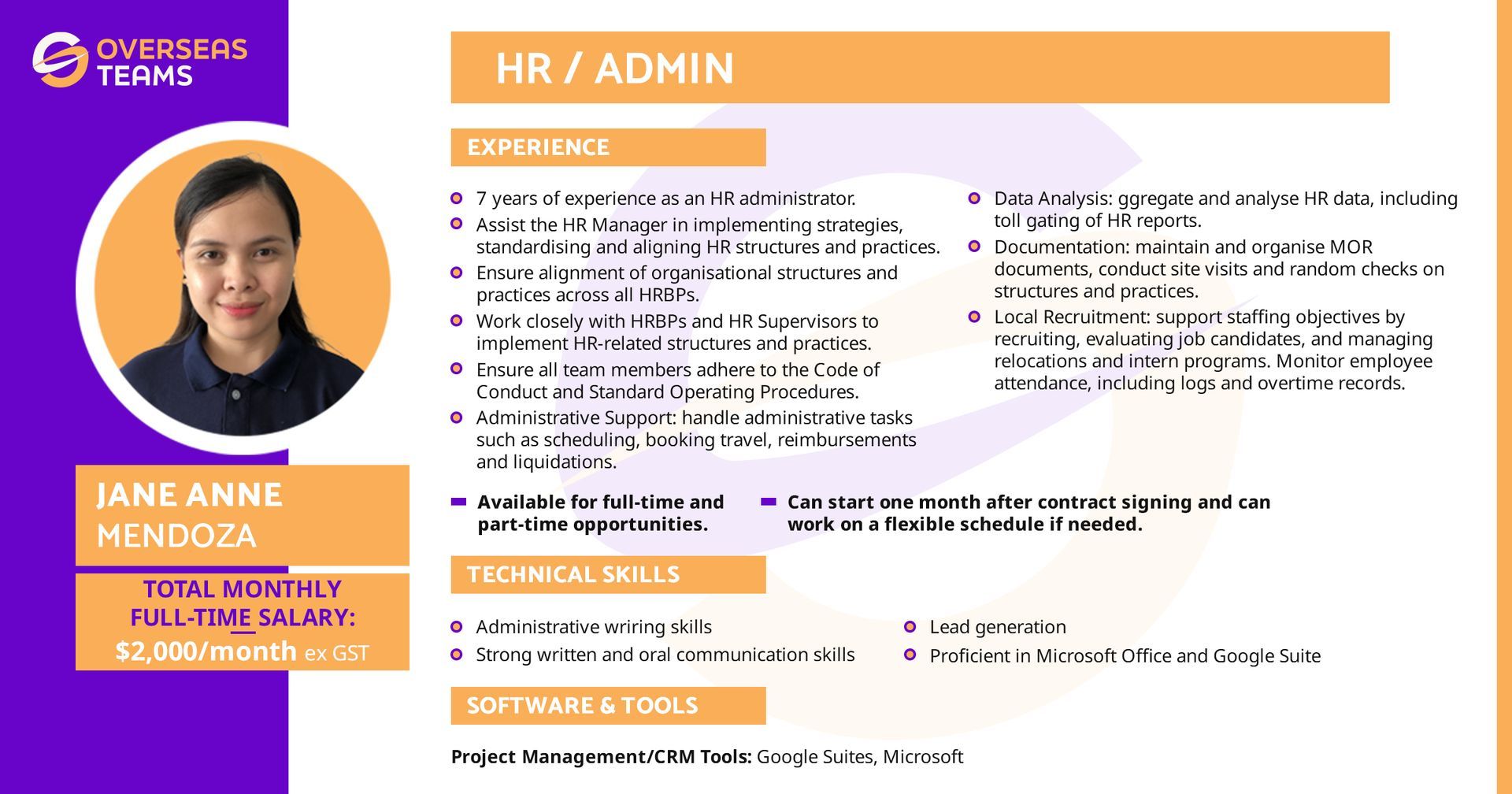 Overseasteams virtual assistant for HR and Admin role