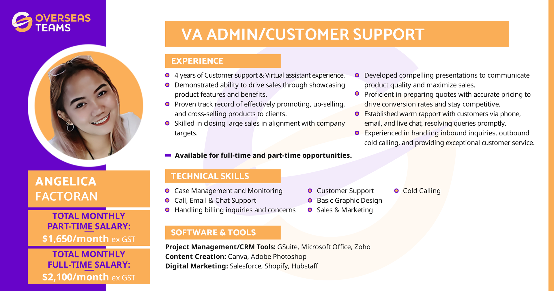 Overseasteams virtual assistant for admin and customer support role