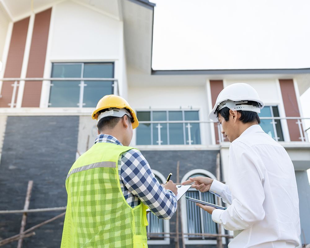 Two construction workers are looking at a clipboard in front of a house under construction.