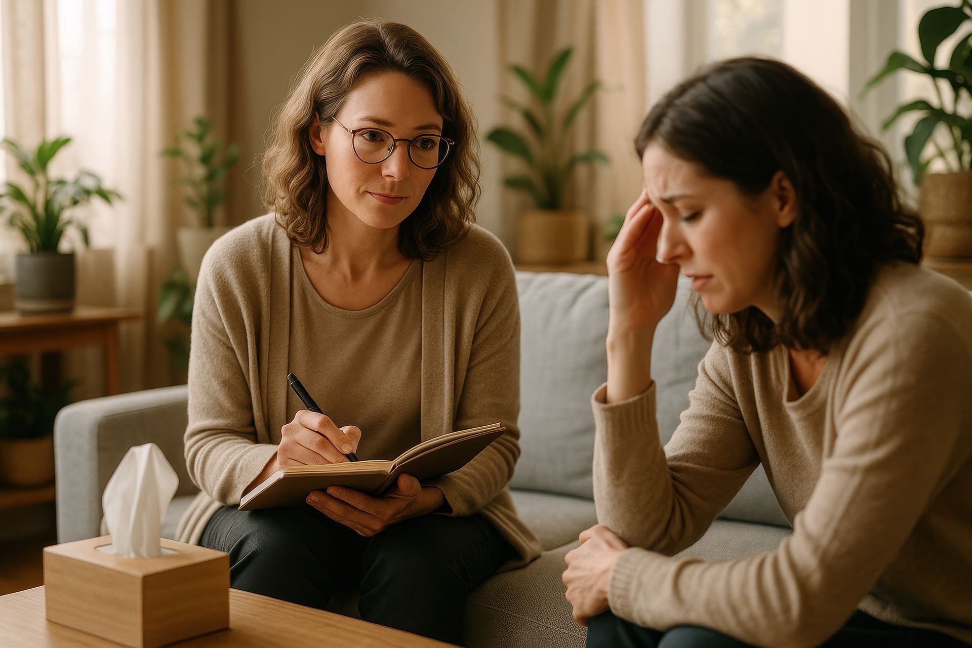 Woman in therapy session, sitting on a couch, talking to a therapist, who is taking notes. Woman in therapy session, sitting on a couch, talking to a therapist, who is taking notes.