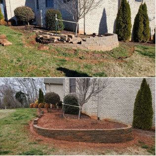 Before-and-after front yard landscaping with a brick retaining wall, mulch beds, and shrubs near a house.