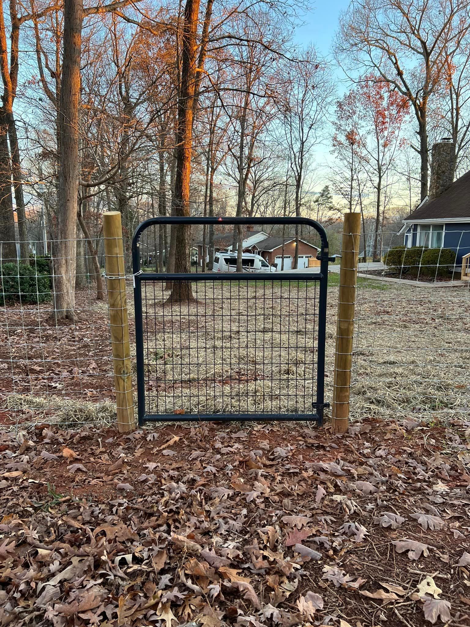 Black metal gate in a leaf-covered yard with bare trees and a house in the background.
