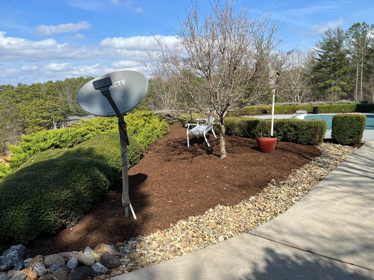 Satellite dish in a landscaped garden beside a walkway, with mulch, rocks, shrubs, and a potted plant.