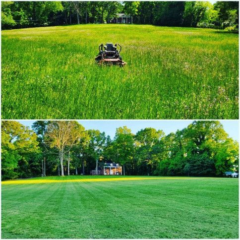 Split view of lawn mowing before and after: tall grass above, freshly cut green lawn below