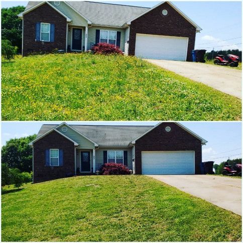Before-and-after view of a house with a greener, neatly trimmed lawn and driveway.