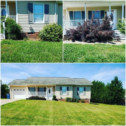 Before-and-after collage of a beige house with blue shutters and a green front lawn, showing landscaping changes