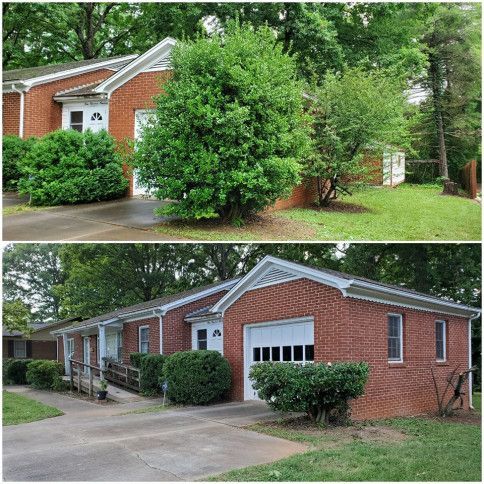 Two views of a red brick house with white trim, driveway, garage, and large green bushes under trees.