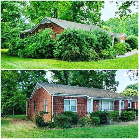 Two views of a red brick house with white trim, overgrown bushes, and a green lawn in a wooded yard