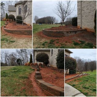Four views of a home's front yard with curved brick edging, mulch beds, shrubs, and a lawn by a stone house.