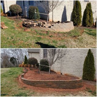 Before and after view of a landscaped yard with a raised brick border and evergreen shrubs.