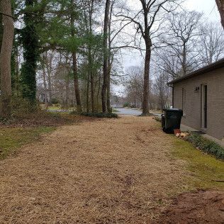 Leaf-covered yard beside a tan house with trees and a road in the background