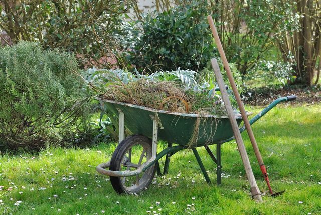 Green wheelbarrow full of garden debris in a grassy yard, with a rake leaning nearby.