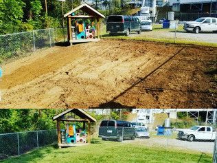 A before and after picture of a dirt road and a playground.