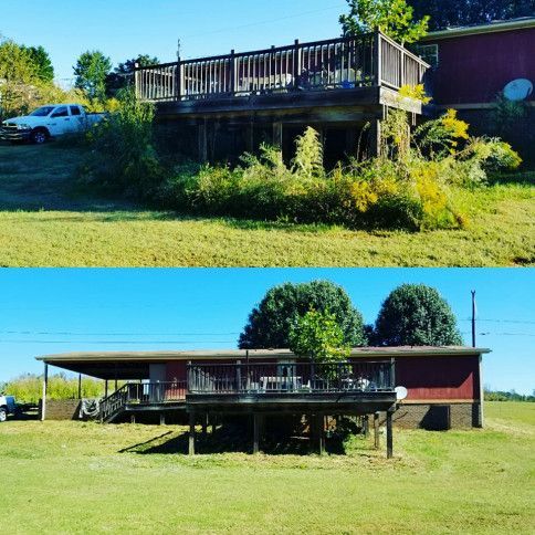 Raised deck and porch with railing on a grassy rural property, shown from two angles.