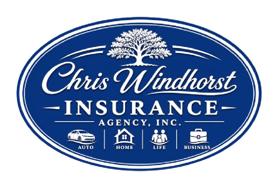 Chris Windhorst Insurance blue oval logo with tree and house, auto, home, life, and business icons