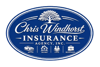 Chris Windhorst Insurance blue oval logo with tree and house, auto, home, life, and business icons