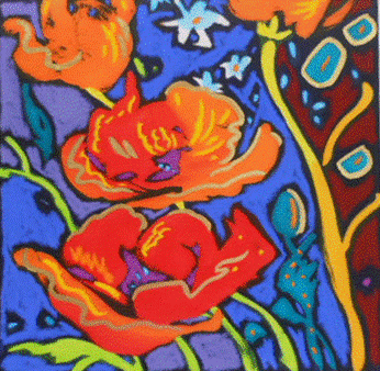 A colorful painting of flowers on a blue background