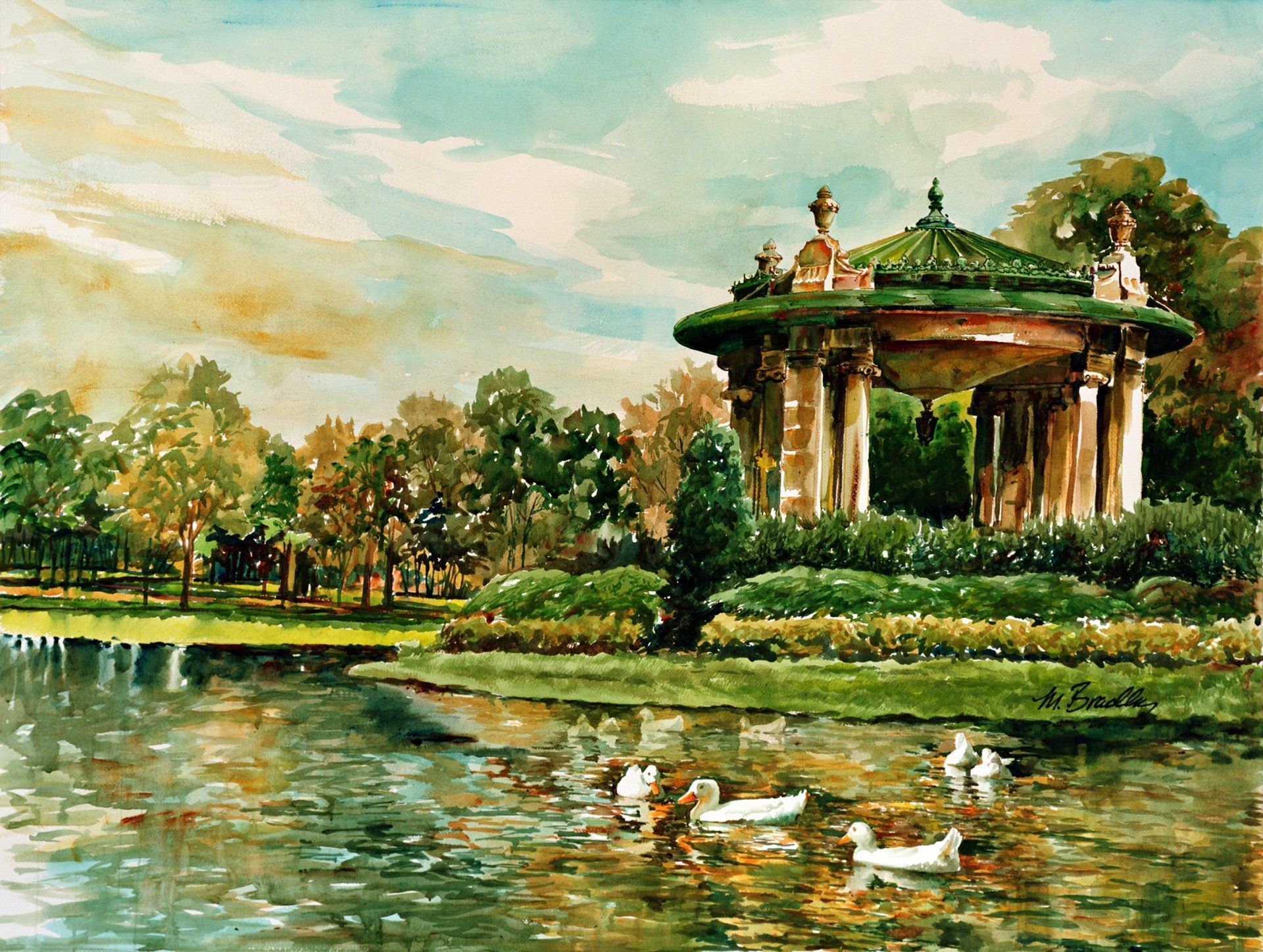 A painting of a gazebo in a park with ducks in the water