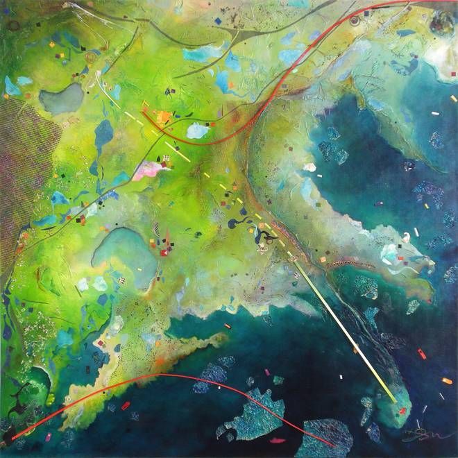 A painting of a green and blue landscape with a red line going through it.