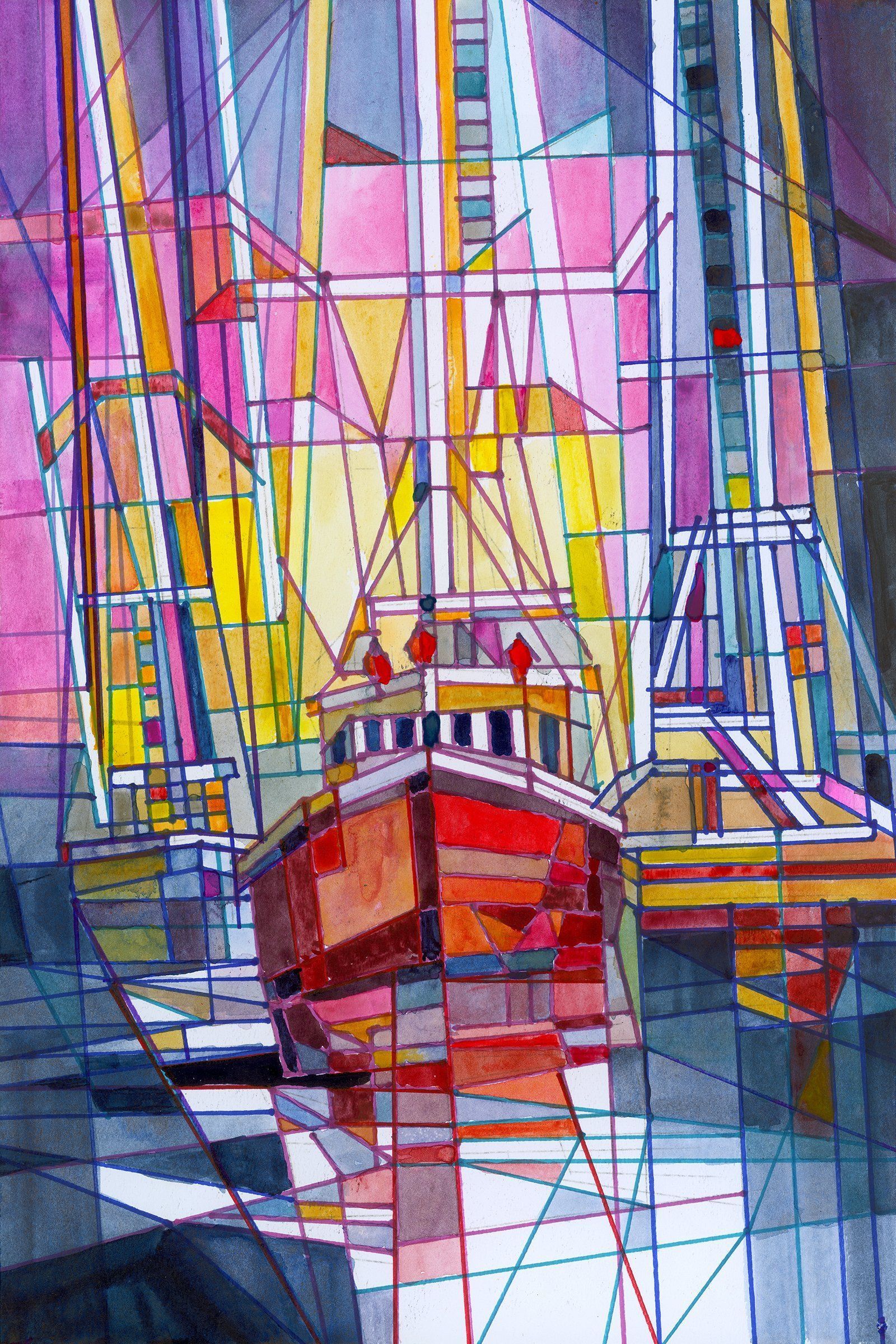 A colorful painting of a boat in a harbor
