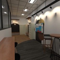 Interior seating area with view of pickleball court, with ceiling and wall lighting.